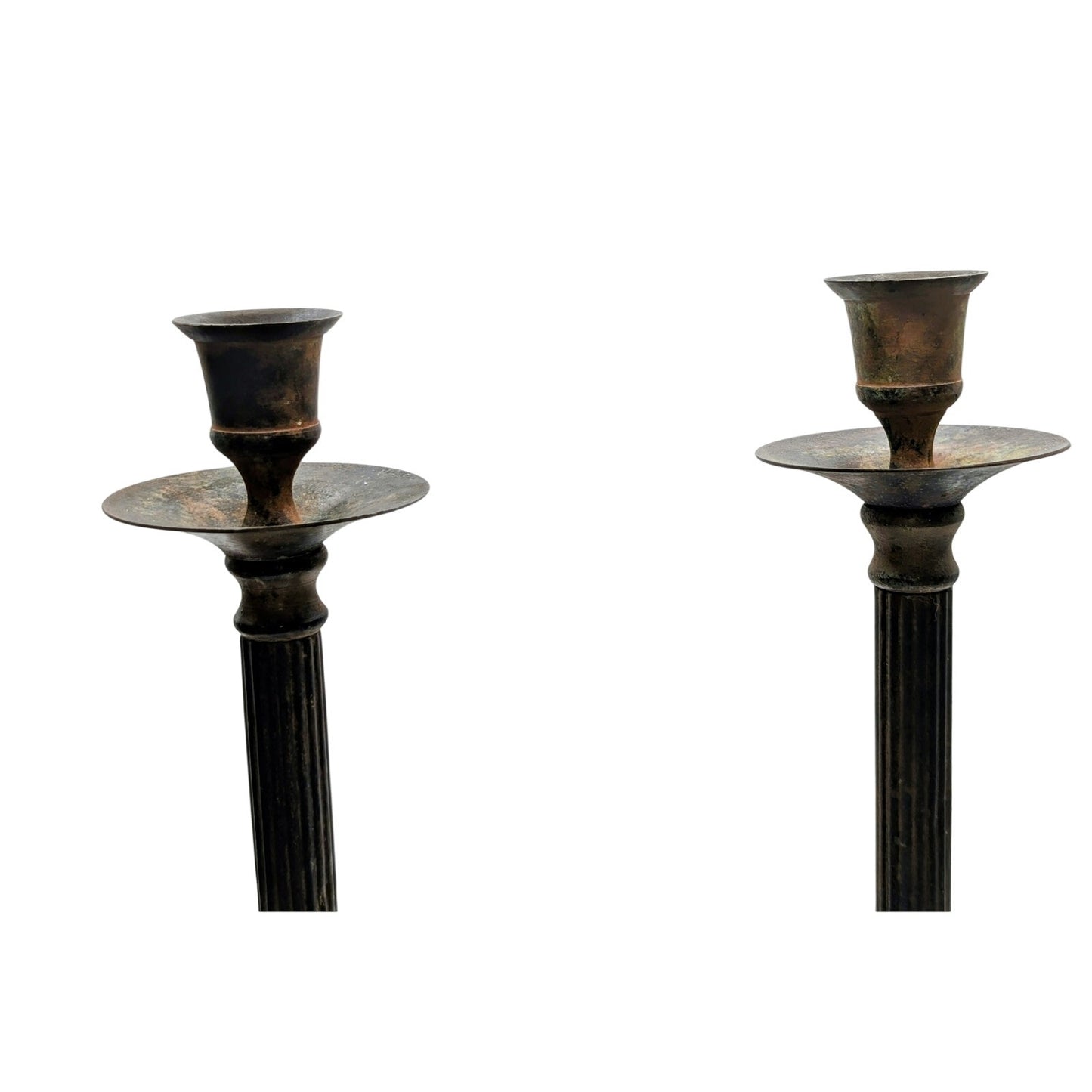 Aged Distressed Patina Pair of Metal Candlestick Holders (Candles Not Included)