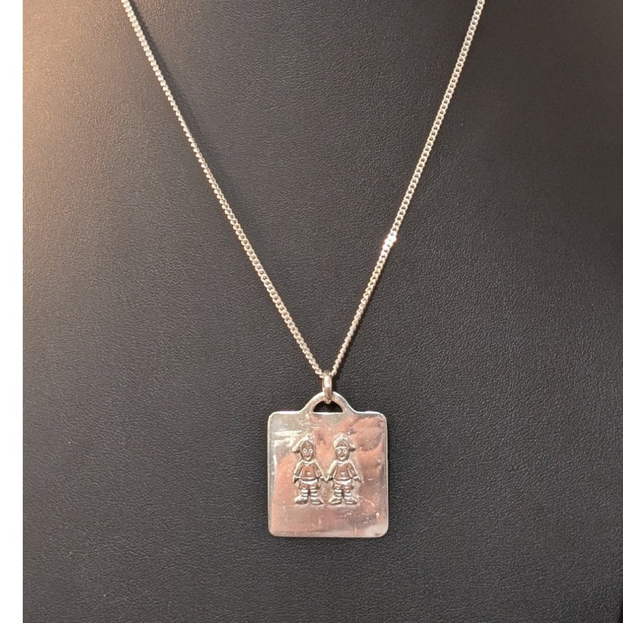 Vintage 1970s Solid Sterling Silver Two Boys Pendant 20" Necklace