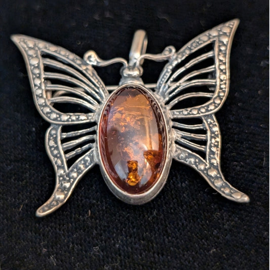Vintage Sterling Silver Baltic Amber Butterfly Brooch/Pendant