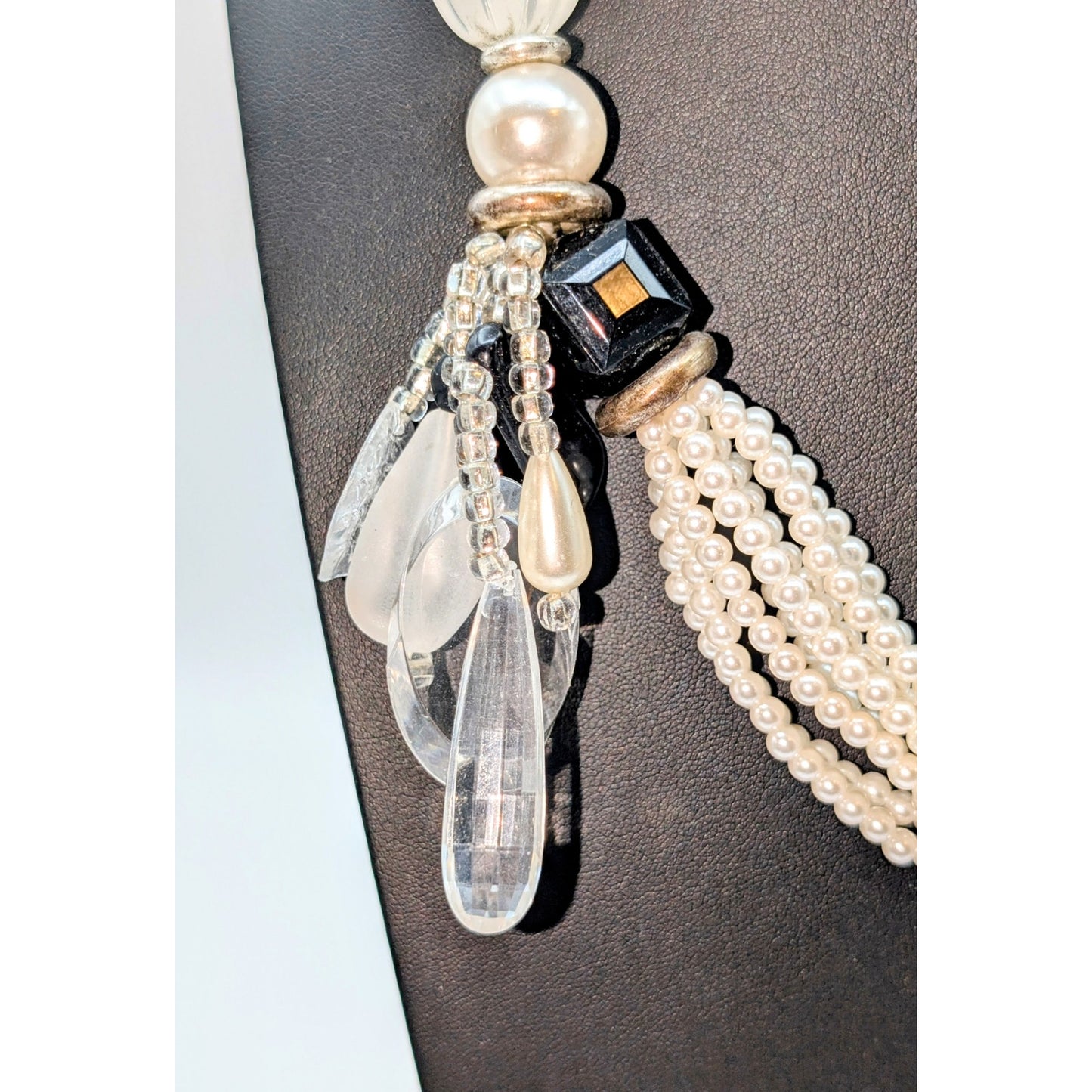 Vintage Black Clear Faux Pearl Multi Strand Side Tassel Hook Clasp 26" Necklace