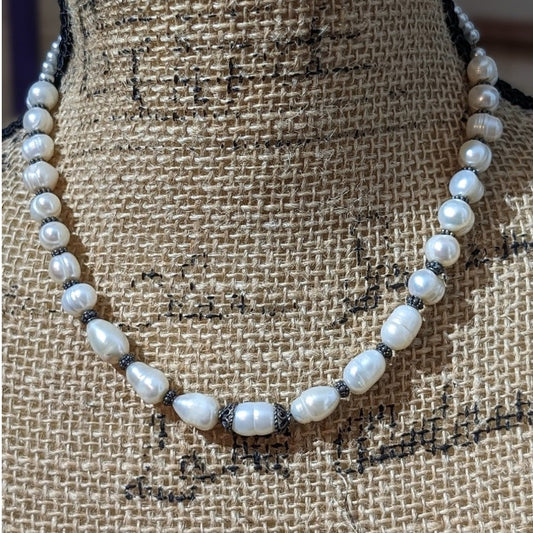 Vintage Freshwater Pearl 925 Sterling Silver Bali Bead Byzantine Hook Clasp
