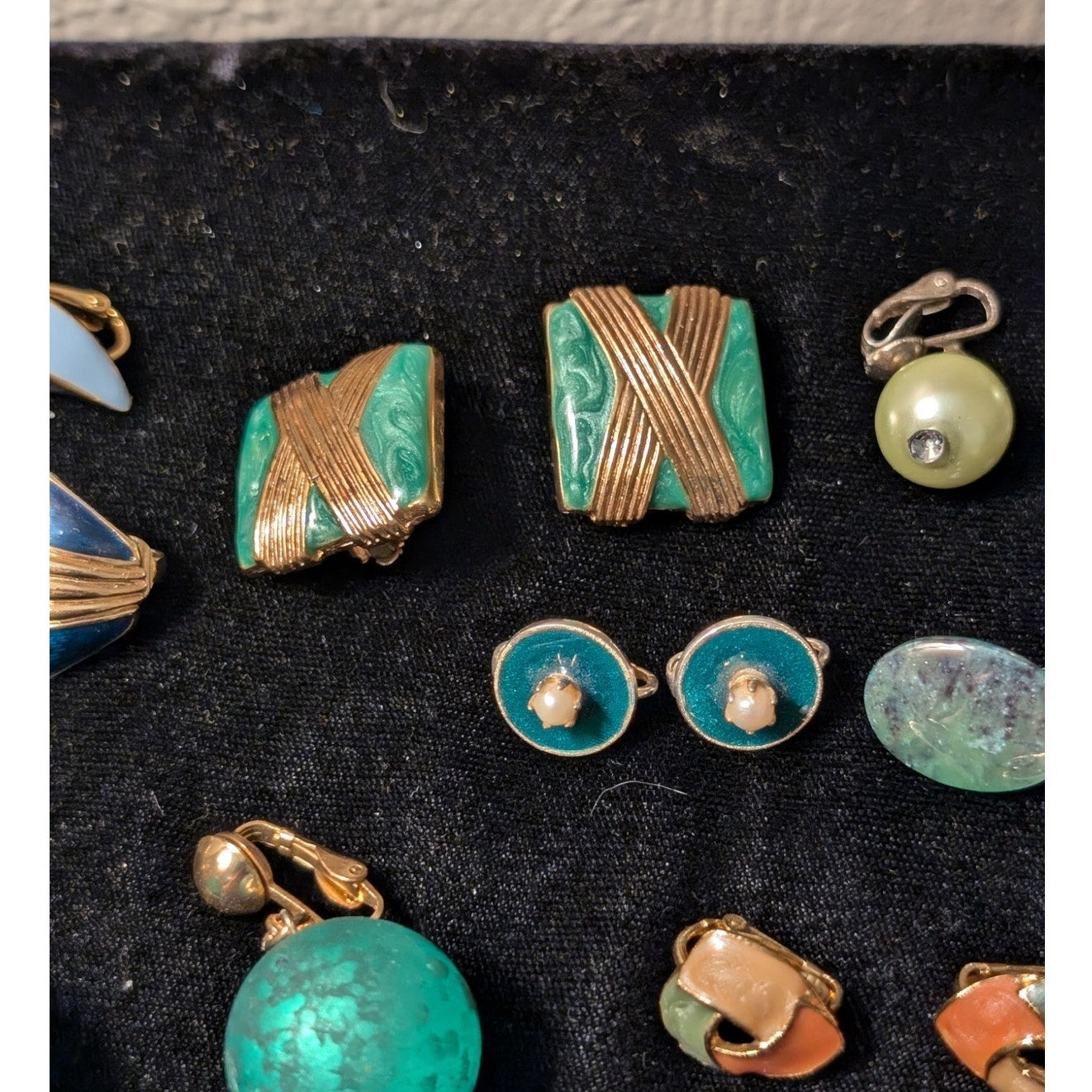 Vintage Ten Pair Blue/Green Theme Clip On Earring Lot