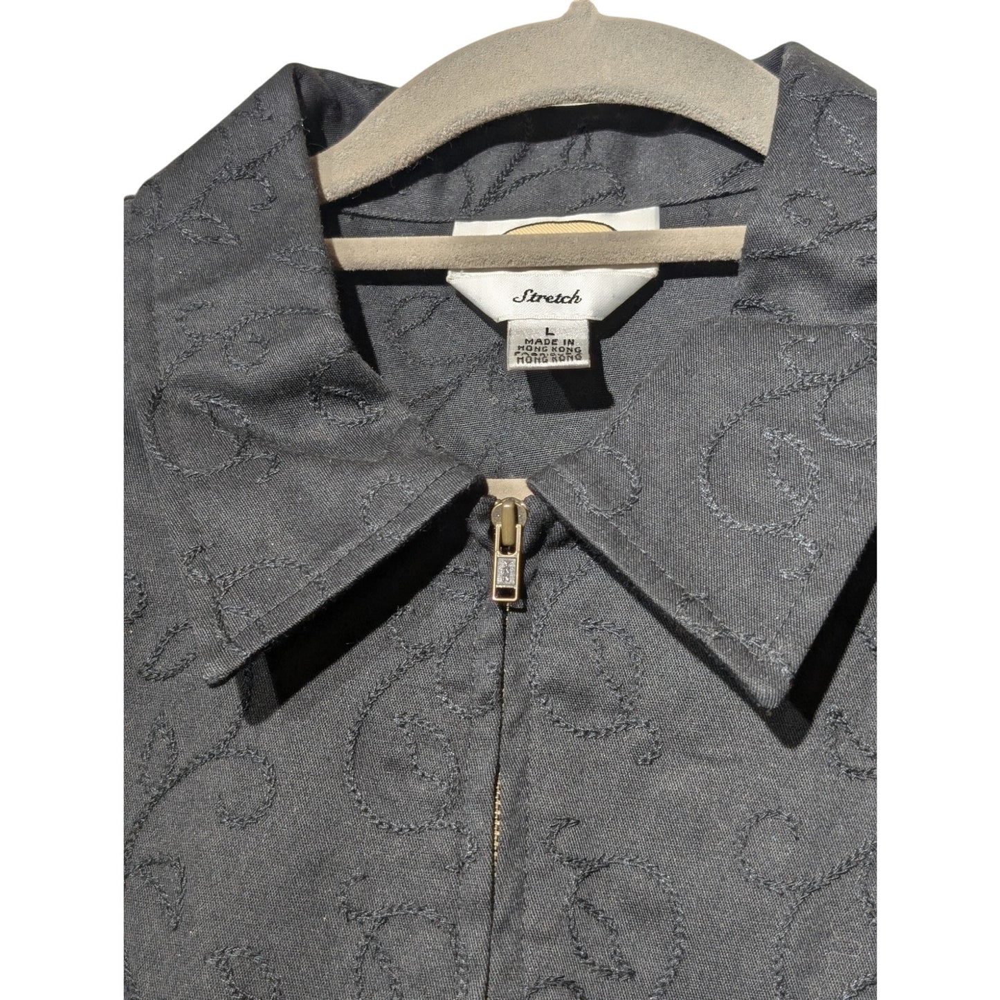 Vtg Black Cotton Stretch Full Zip Soutache Top Stitch Design Unlined Jacket Sz L