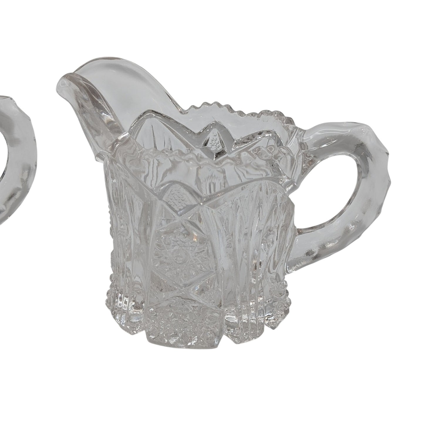 Vtg EAPG Imperial Glass Nucut Hobstar Button Clear Creamer Pitcher & Sugar Set