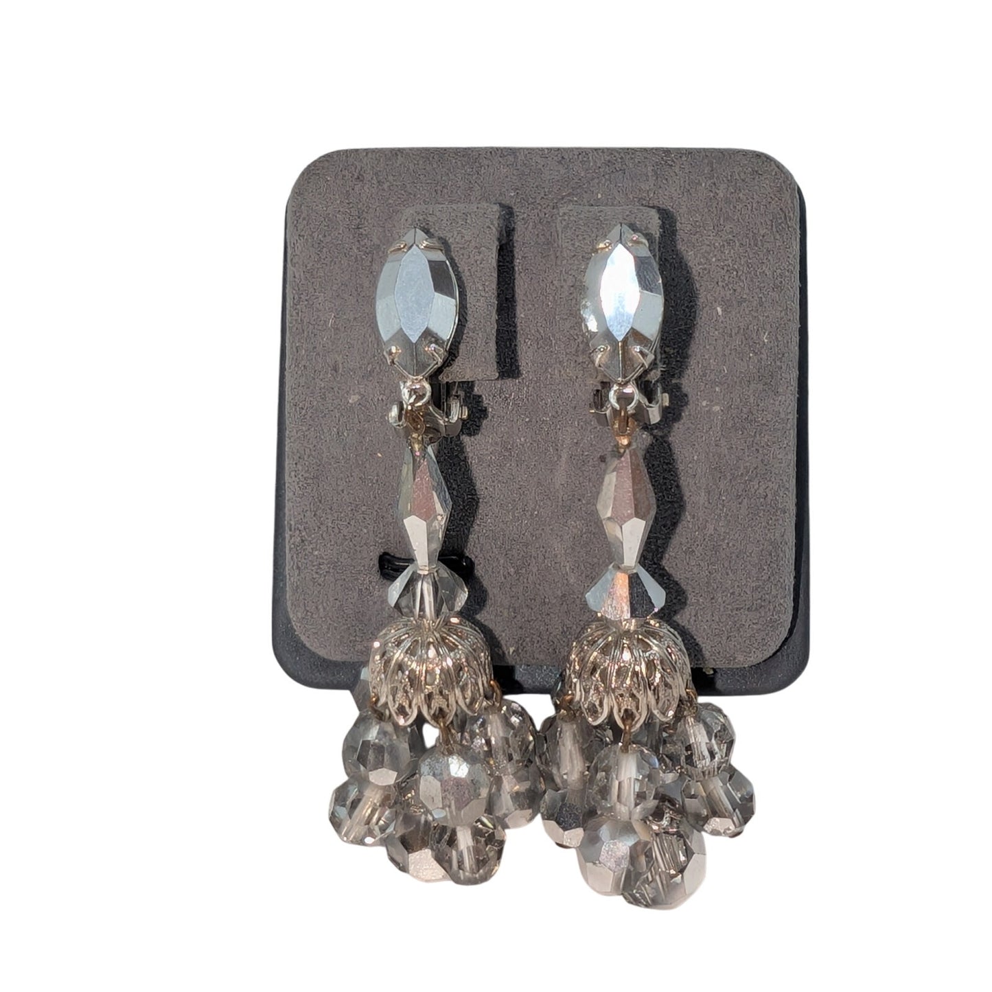 Lewis Segal California VTG Clip On Chandelier Metallic Crystal Dangle Earrings