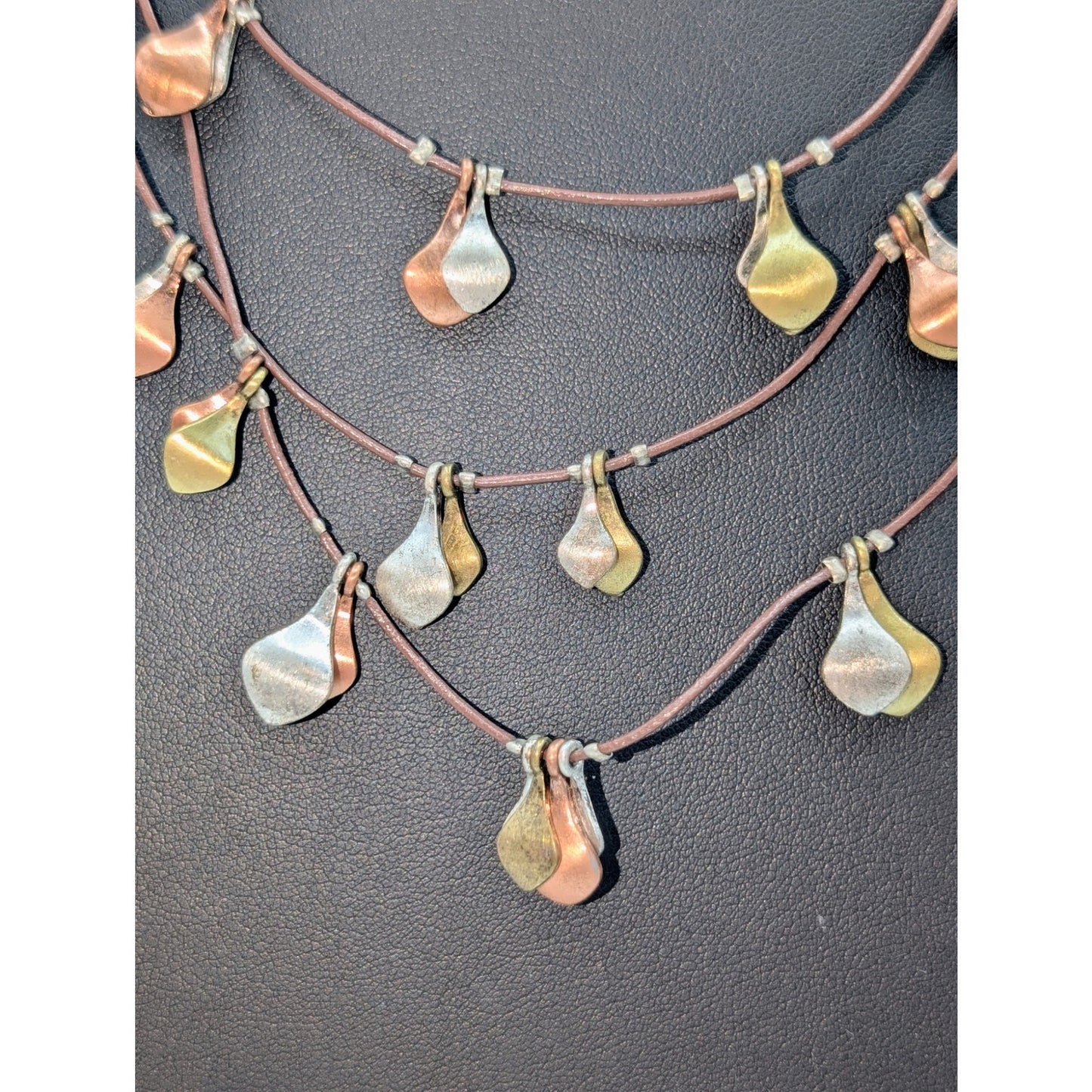 Brown Triple Corded Strand Tri-Color Metal Dangle 18"-20" Necklace