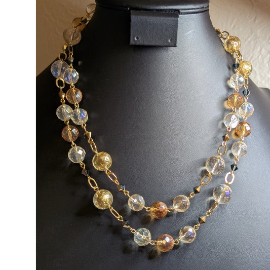 Mary Kay Holiday Wishes Gold Foil Clear & Cognac Faceted Gold Tone Link Necklace