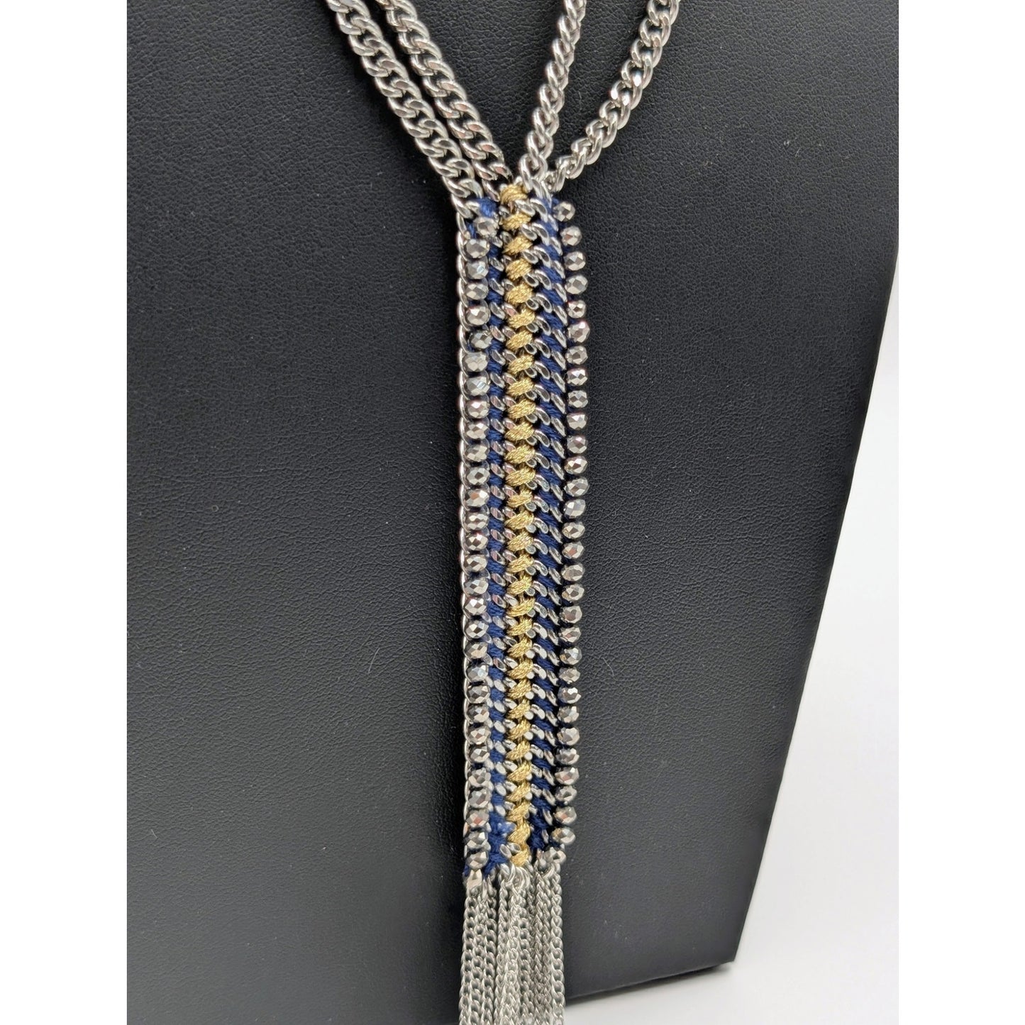 Stella & Dot Tessa Fringe Double Silver Tone Chain Long Tassel Necklace