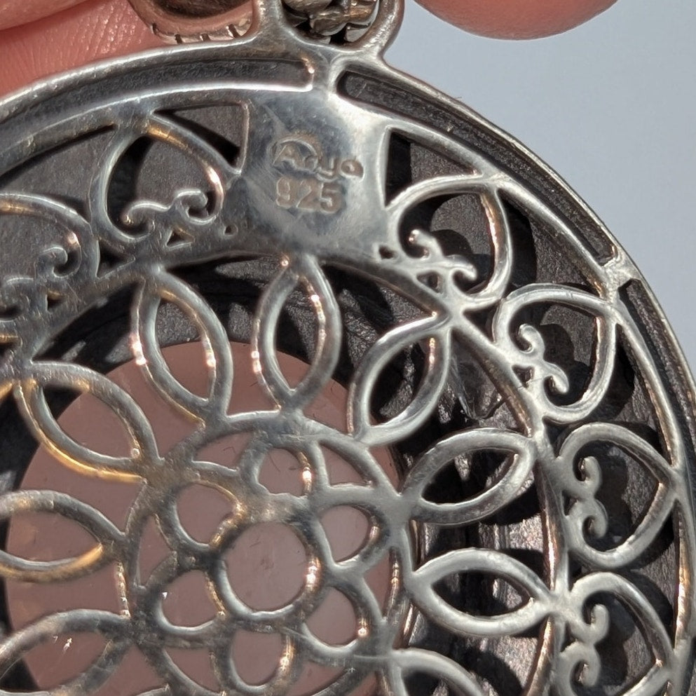 Anya Signed 925 Sterling Silver Large Rose Quartz Cabochon Pendant (Only) 24.16g