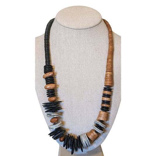 Vintage Chunky Wooden Shell Handmade Tribal Boho Necklace
