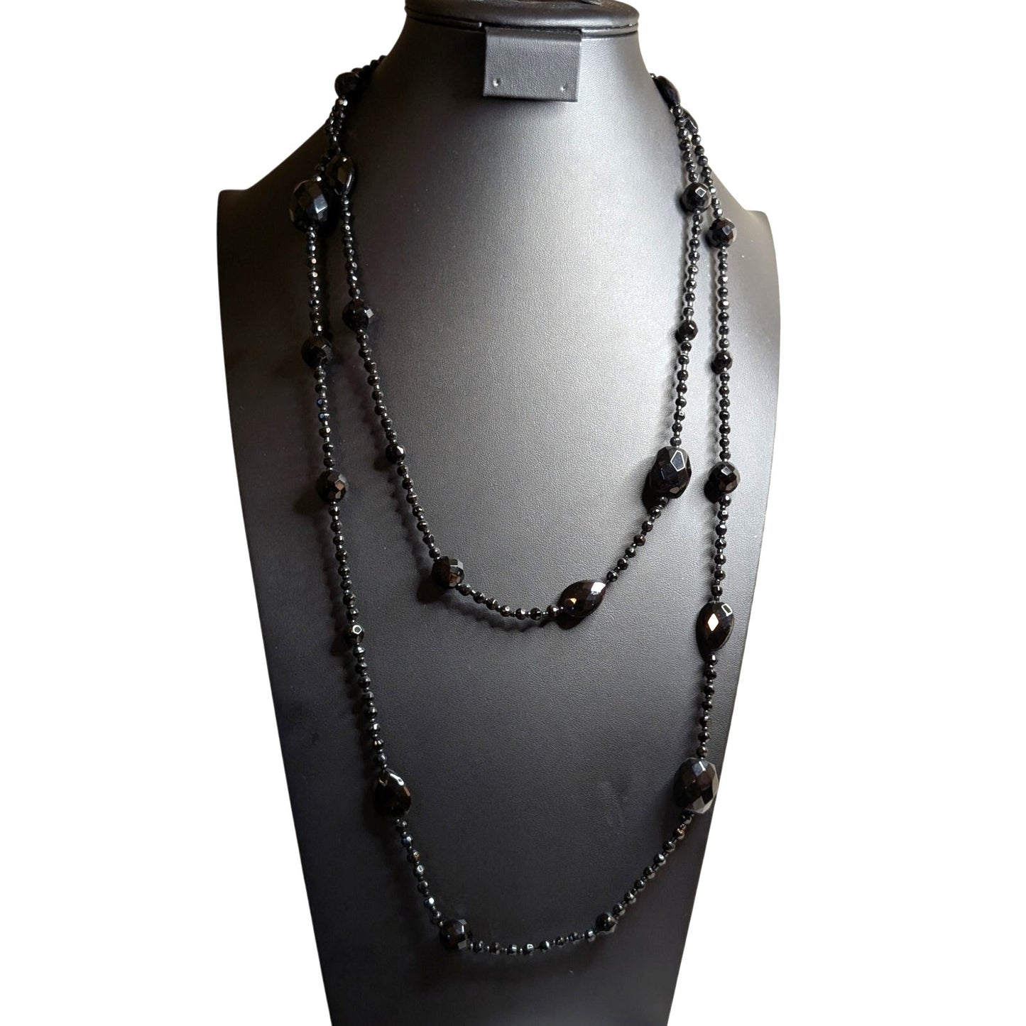 Jet Black Faceted Glass Bead 60" Necklace w/ Lobster Claw Clasp