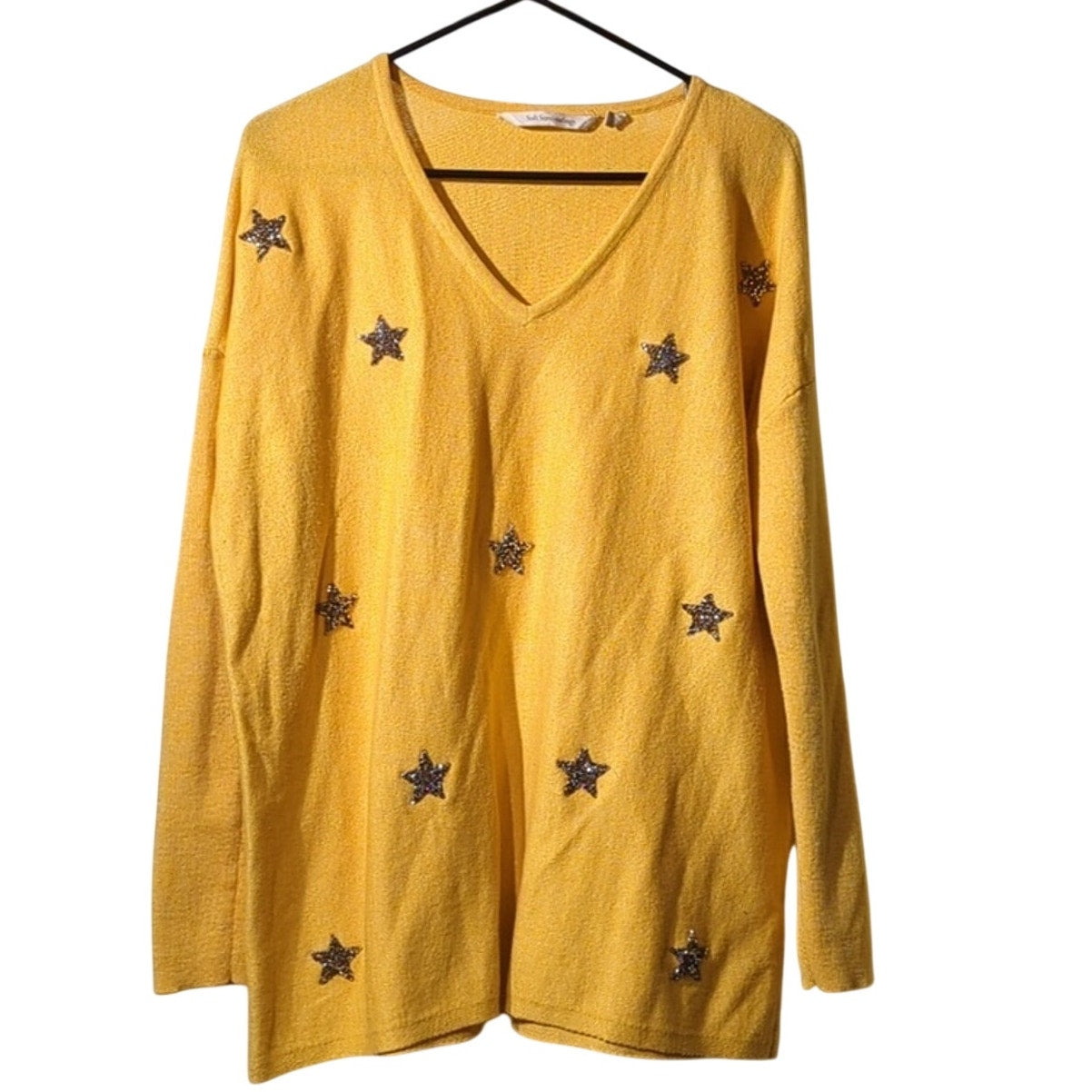 Soft Surrounding Yellow V-Neck Embellished Star Oversized Sweater Women's Sz S