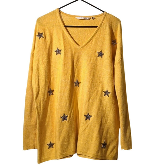 Soft Surrounding Yellow V-Neck Embellished Star Oversized Sweater Women's Sz S