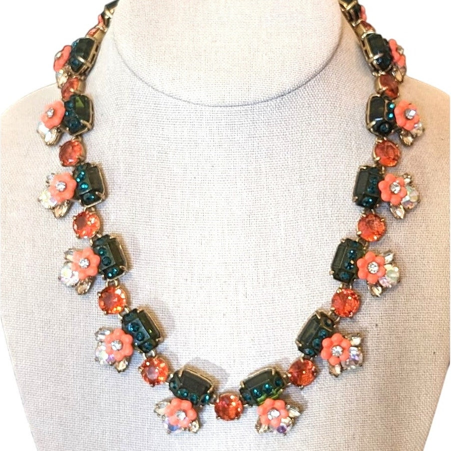 J. Crew Floral Orange Green Jewel Statement Necklace