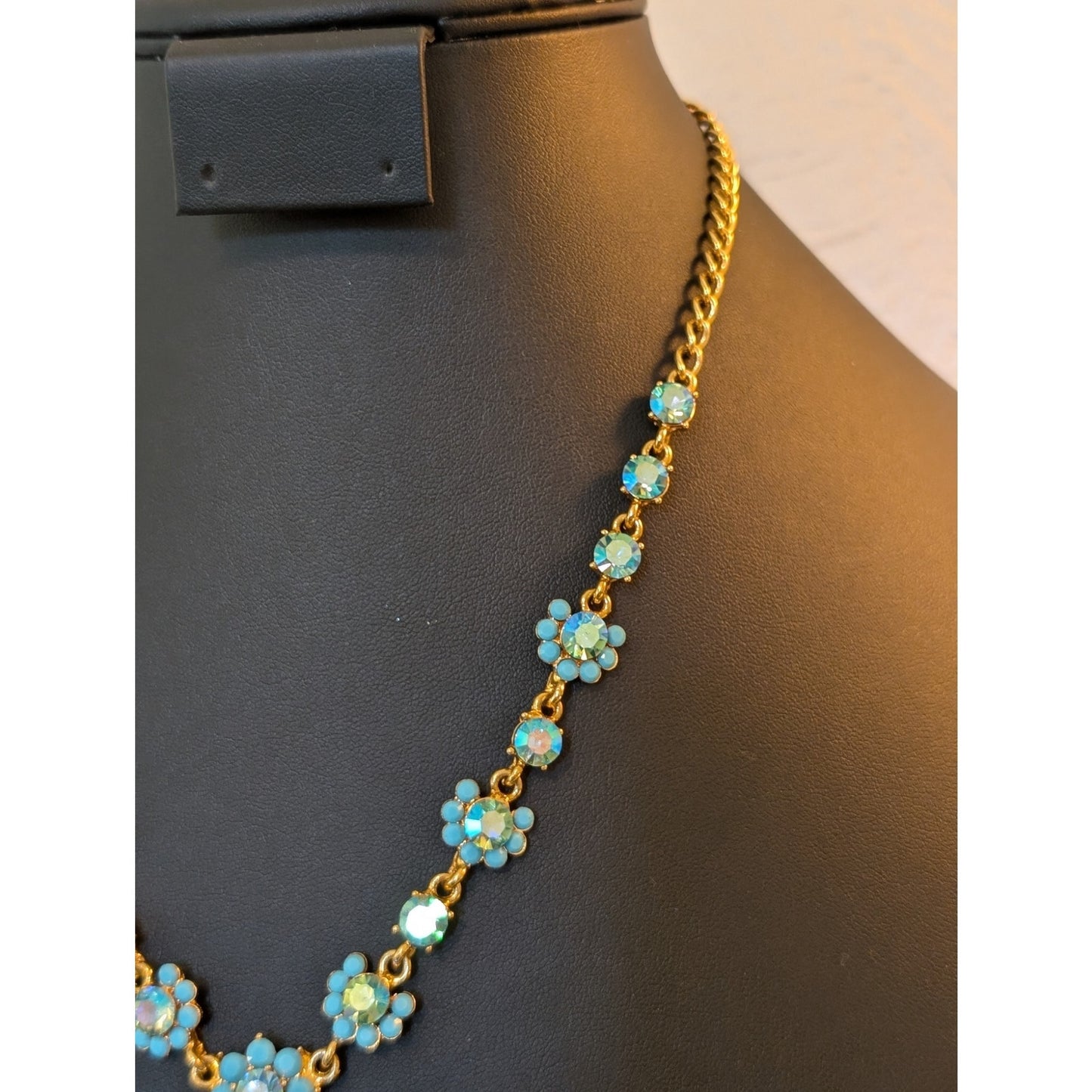 Authentic Cara Blue AB Crystal Gold Tone Pendant 16" - 20.5" Necklace
