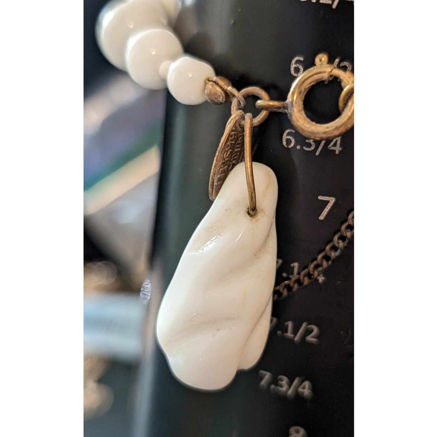 Miriam Haskell White Milk Glass Bead Dangle Charm Safety Chain Signed Bracelet