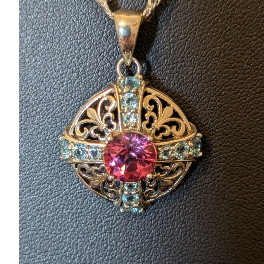 Vintage Santa Maria Aquamarine & Pink Topaz Sterling Filigree Necklace