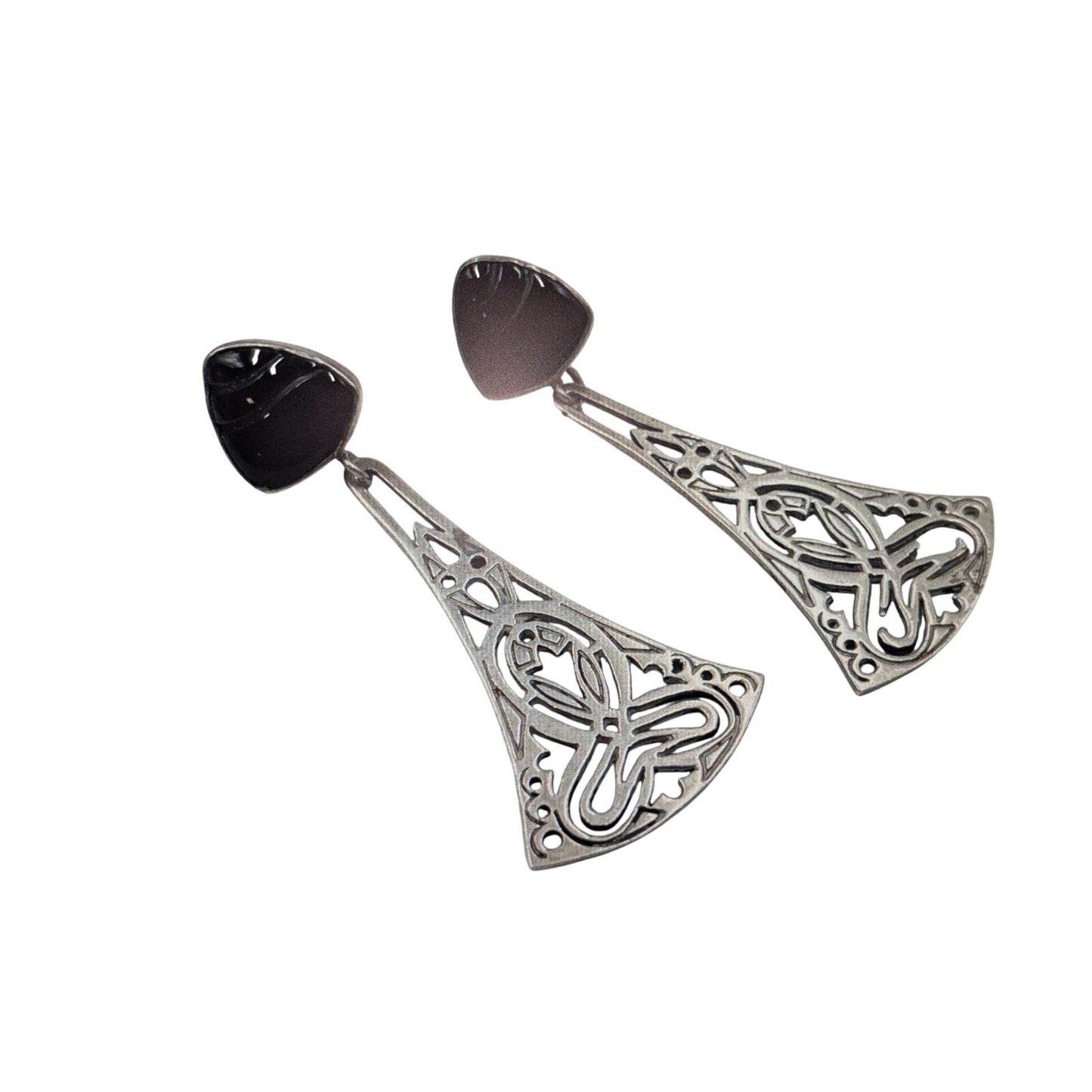 Vtg Tabra 14K Gold Post 925 Sterling Silver Carved Onyx Drop Earrings 18.34g