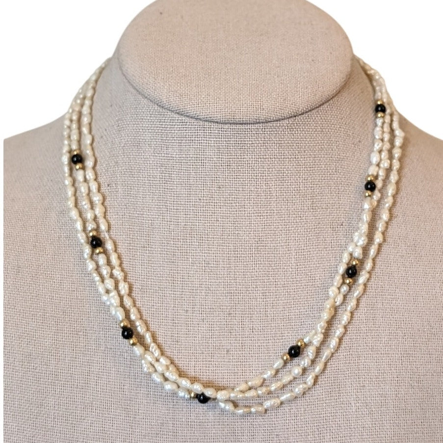 Needs Restrung 14k Yellow Gold Pearl & Onyx Bead Three Strand 17" Necklace