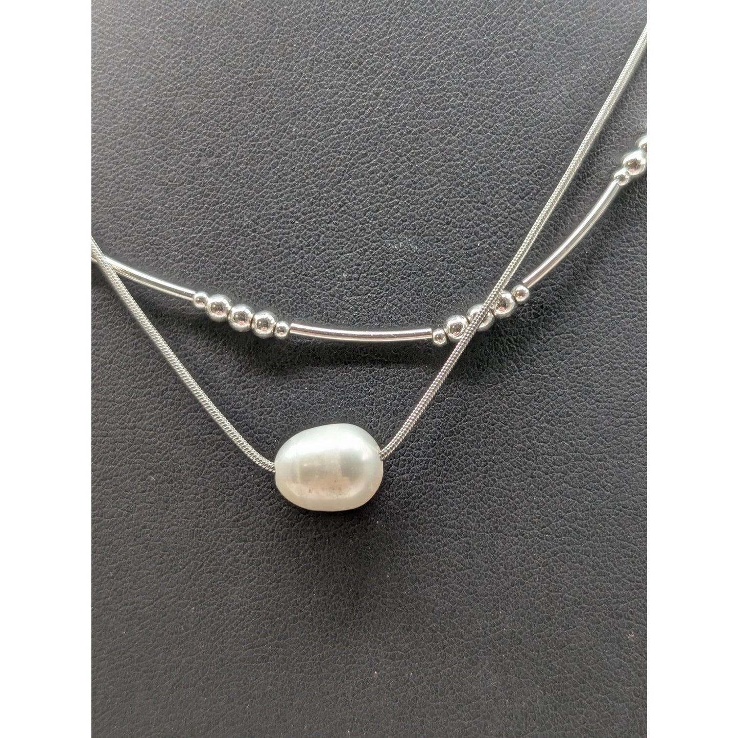 Lot of Two Silver Tone Necklaces -- Napier Bead Curved Bar & Pearl Bead Chain