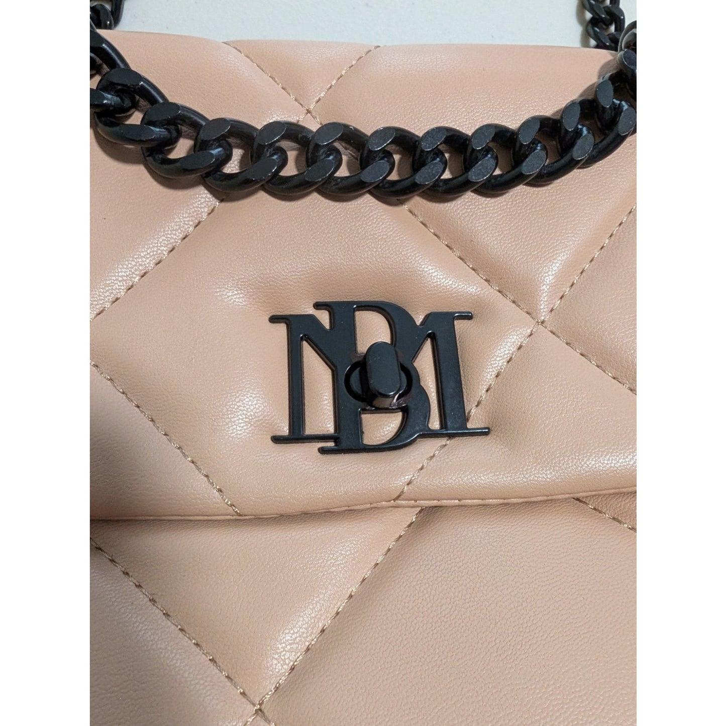 Badgley Mischka Blush Pink Black Diamond Quilted Logo Messenger Chain Strap Bag