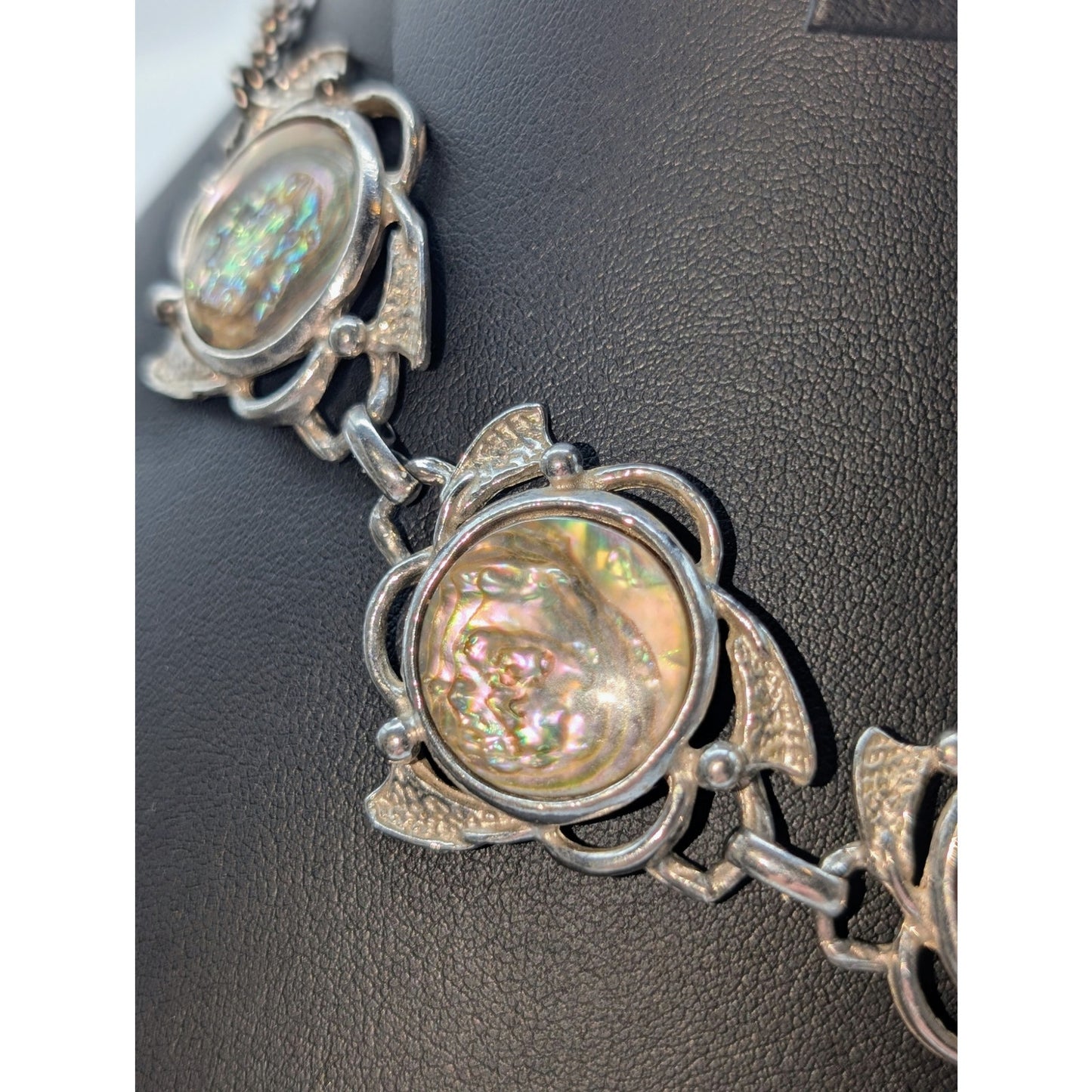 Vintage Silver Tone Abalone Shell Station Chain Hook Clasp 15" Choker Necklace