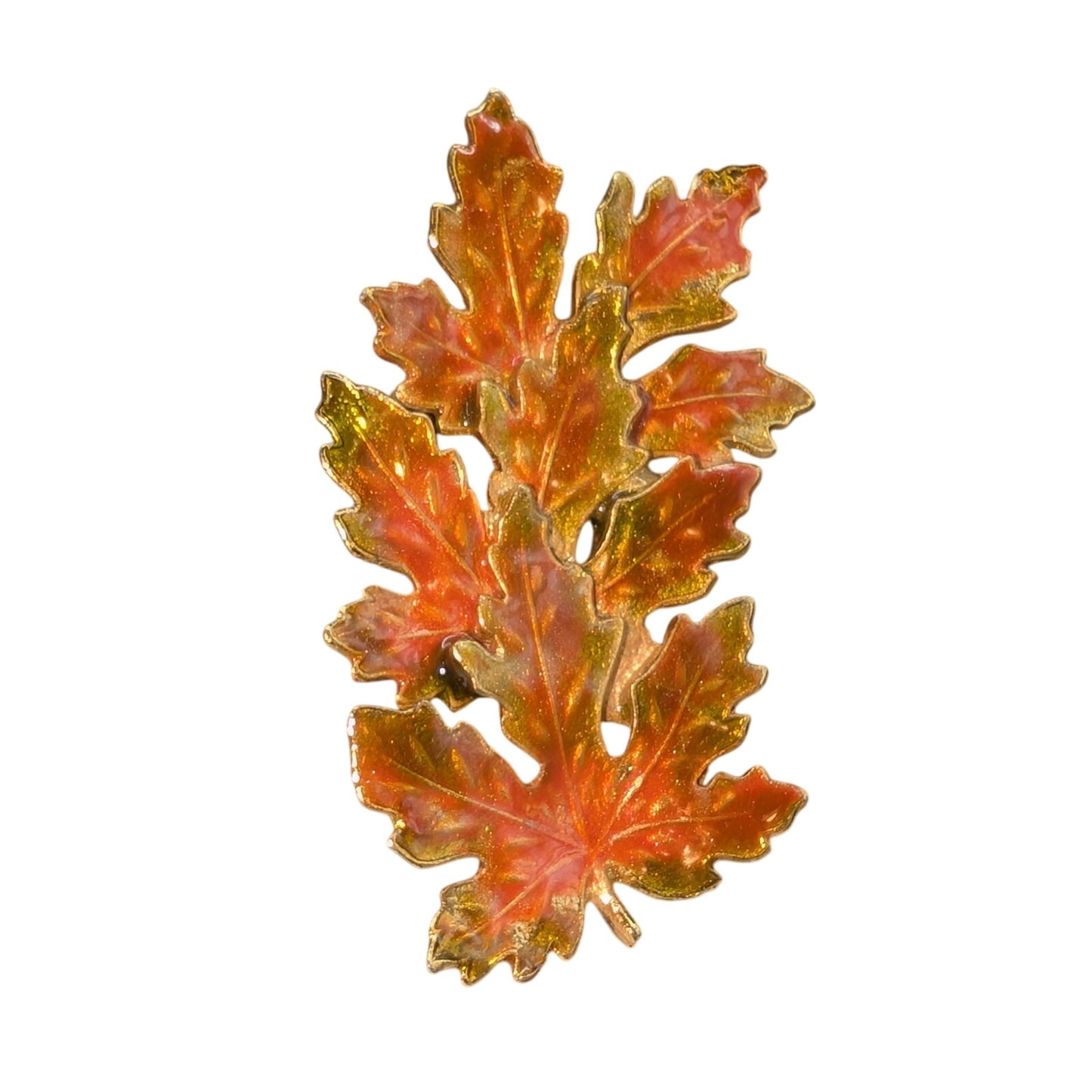 Vintage Kenneth Cole Signed KC Orange Green Enamel Gold Tone Maple Leaf Brooch