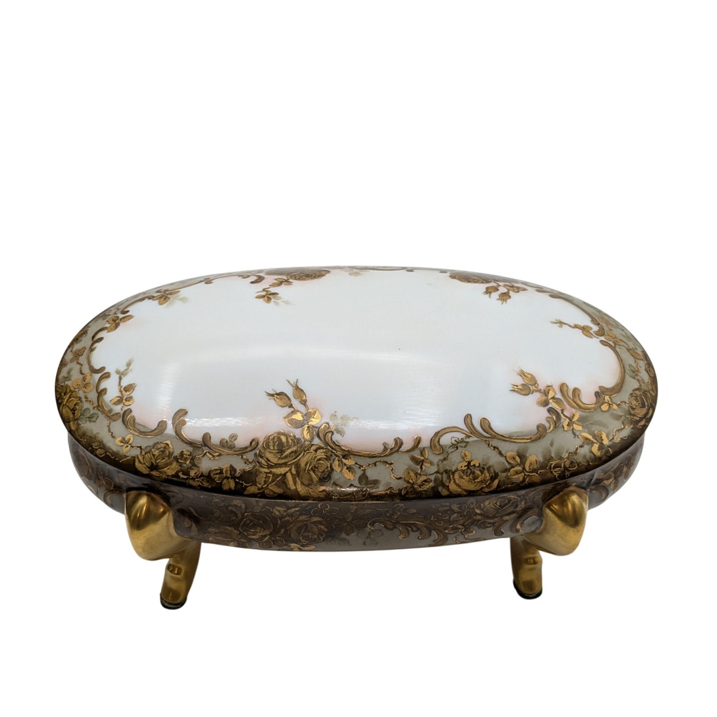Vtg/Antique Signed Louise Gold Footed China Oval Hand Painted Trinket Box