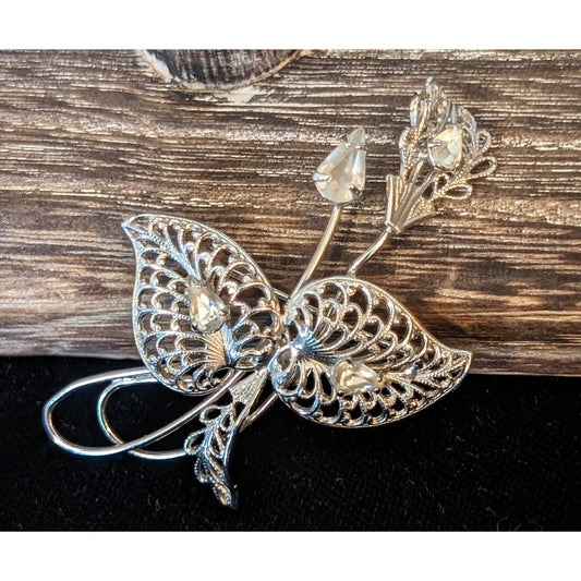 Signed Vintage Titan Sterling Filigree Rhinestone Floral Brooch