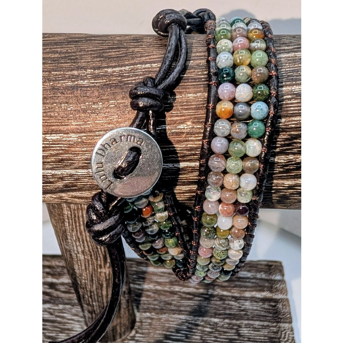 Lulu Dharma Green Brown Stone Neutral Tones Leather Wrap Bracelet