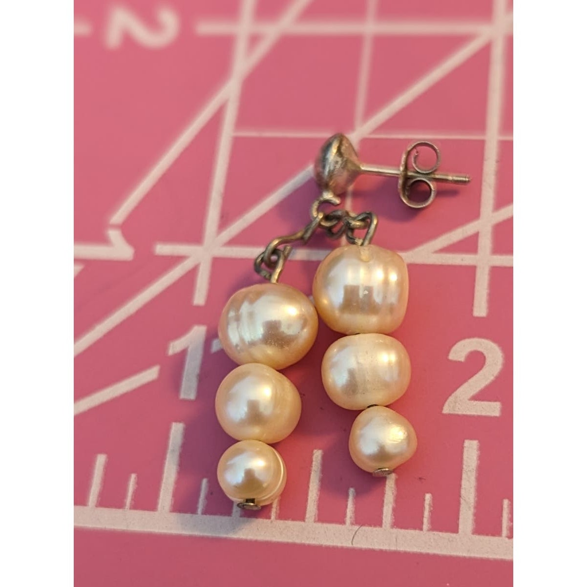 Double Dangle of Three Freshwater Potato Pearls on Sterling Silver Post Earrings