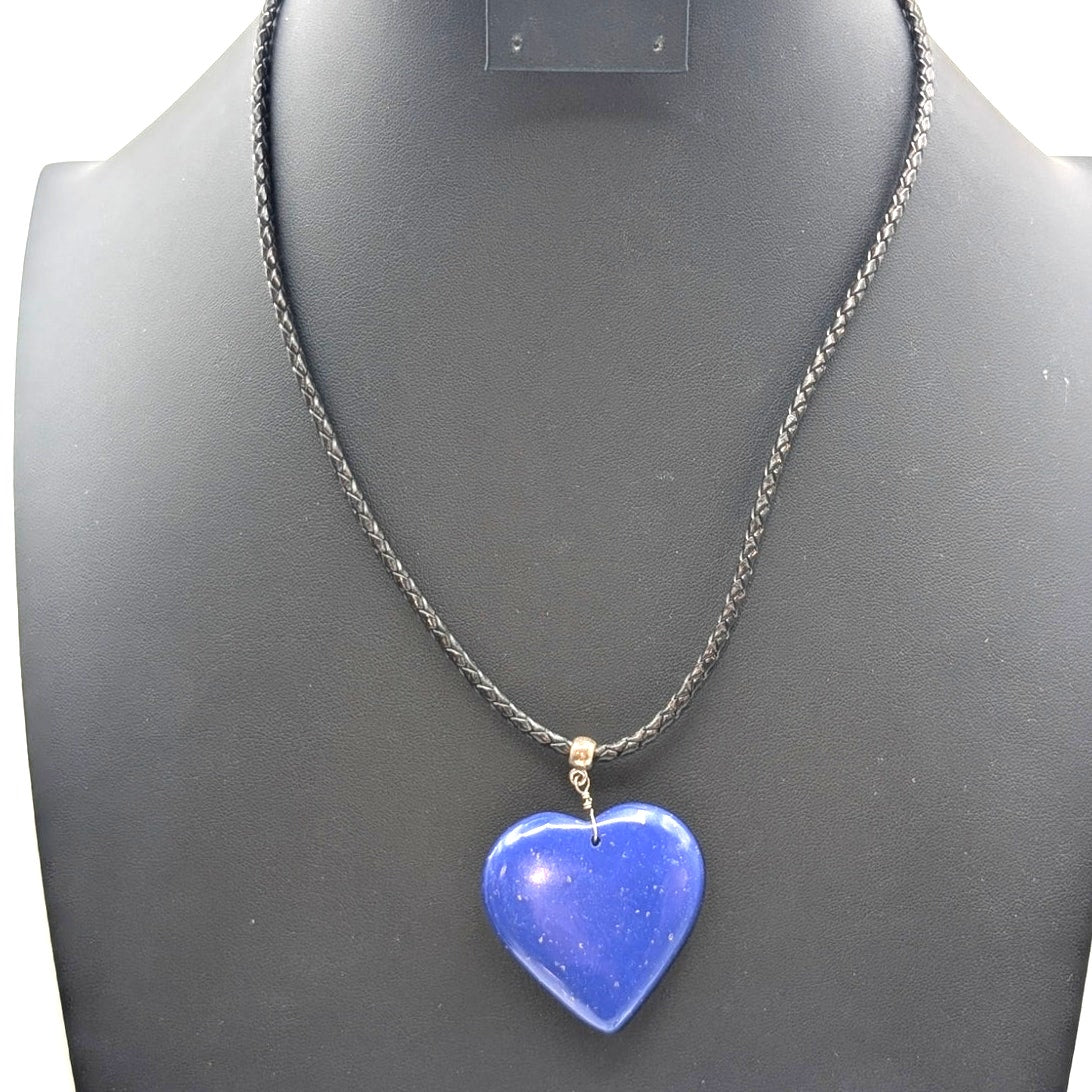 Large Blue Stone Heart Black Braided Cord Silver Tone 18"-20" Necklace
