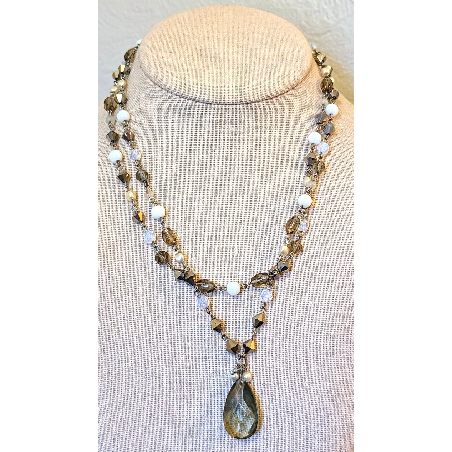 Double Strand Crystal Glass Beaded Faux Pearl Chain Necklace W/ Teardrop Pendant