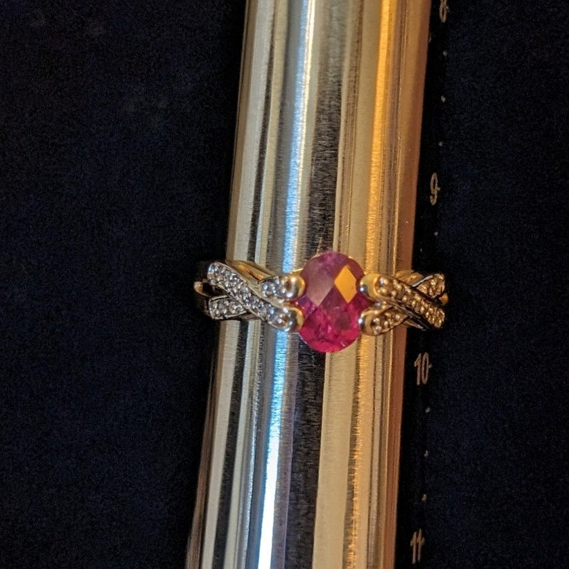 14K Gold Natural Pink Tourmaline & Diamond Criss Cross Band Ring Size 9.5