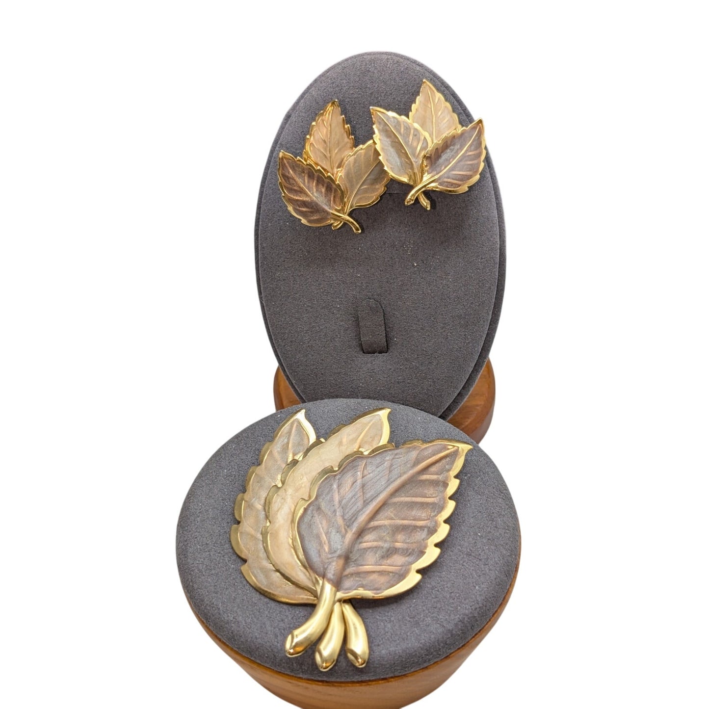 Gold Tone Metal & Neutral Painted Autumn Leaves Brooch & Pierced Earring Set