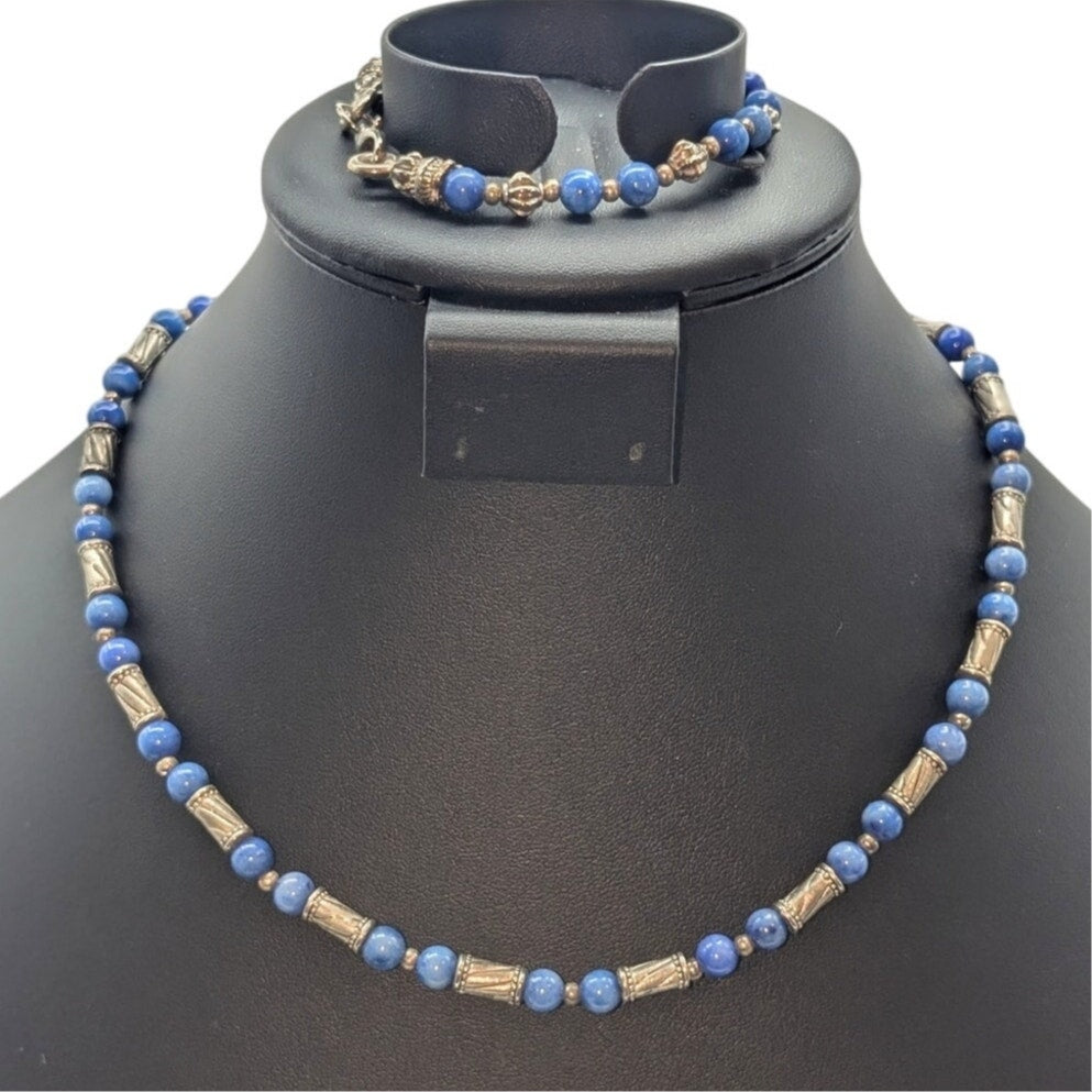 Blue Stone Silver Tone Beaded 18" Necklace and 7.5" Bracelet Set