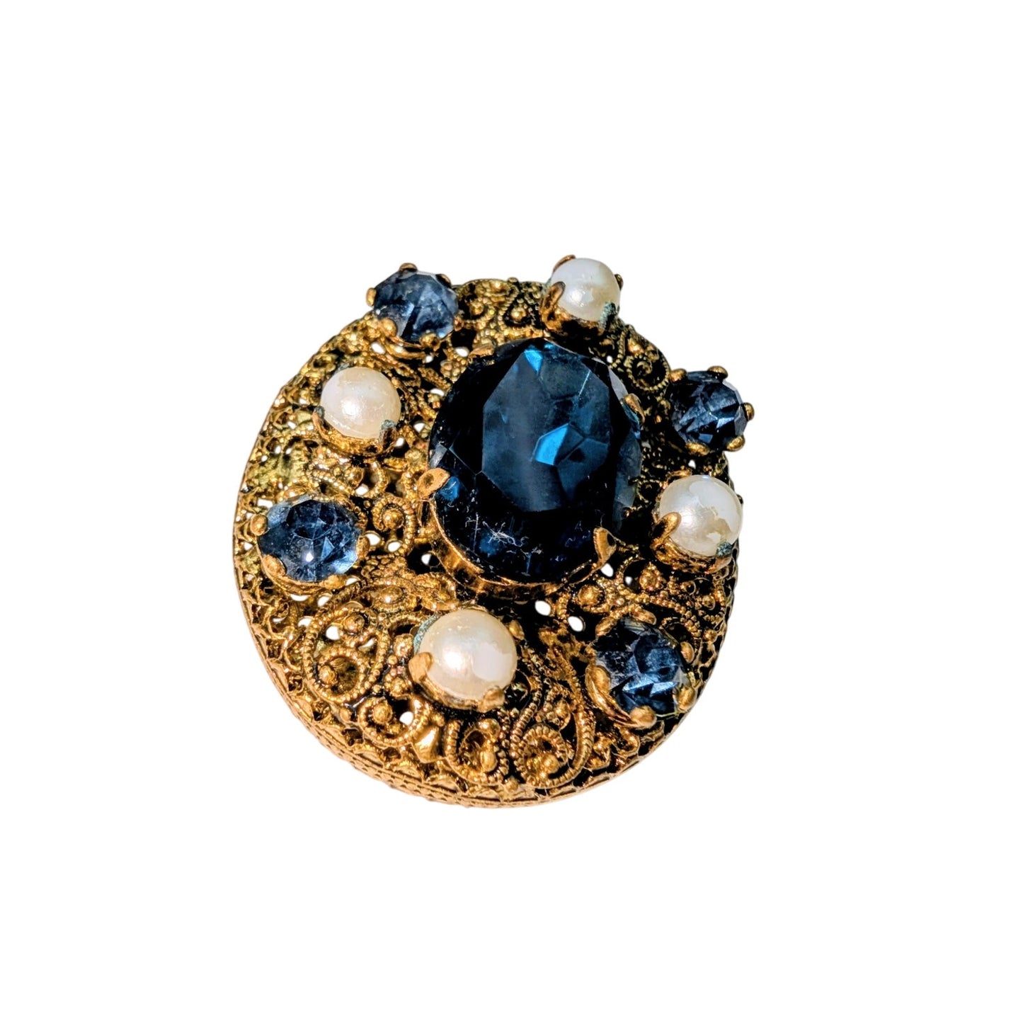 Vintage Ornate Filigree Blue Glass Stone Rhinestone Faux Pearl Gold Tone Brooch
