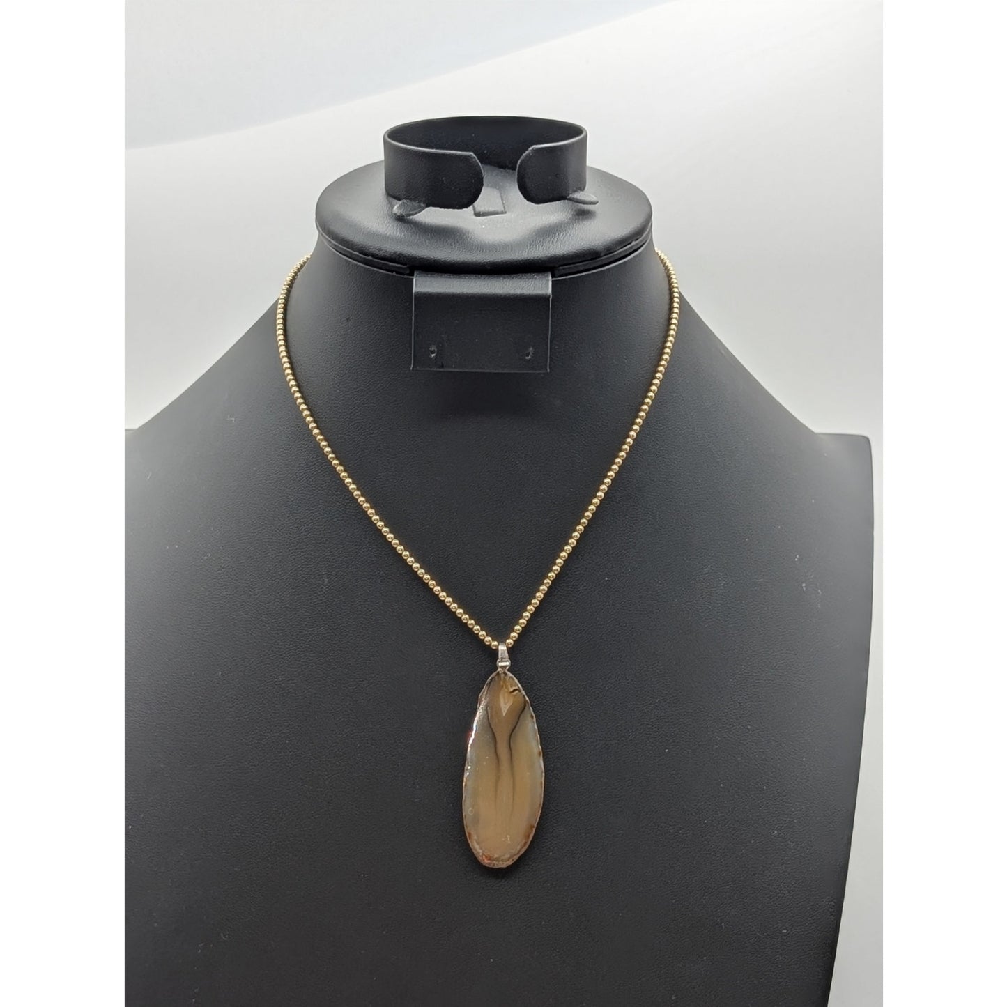 Vtg 1/20 12KGF Stone Slab Pendant Gold Tone Chain Strung Beaded 15.75" Necklace