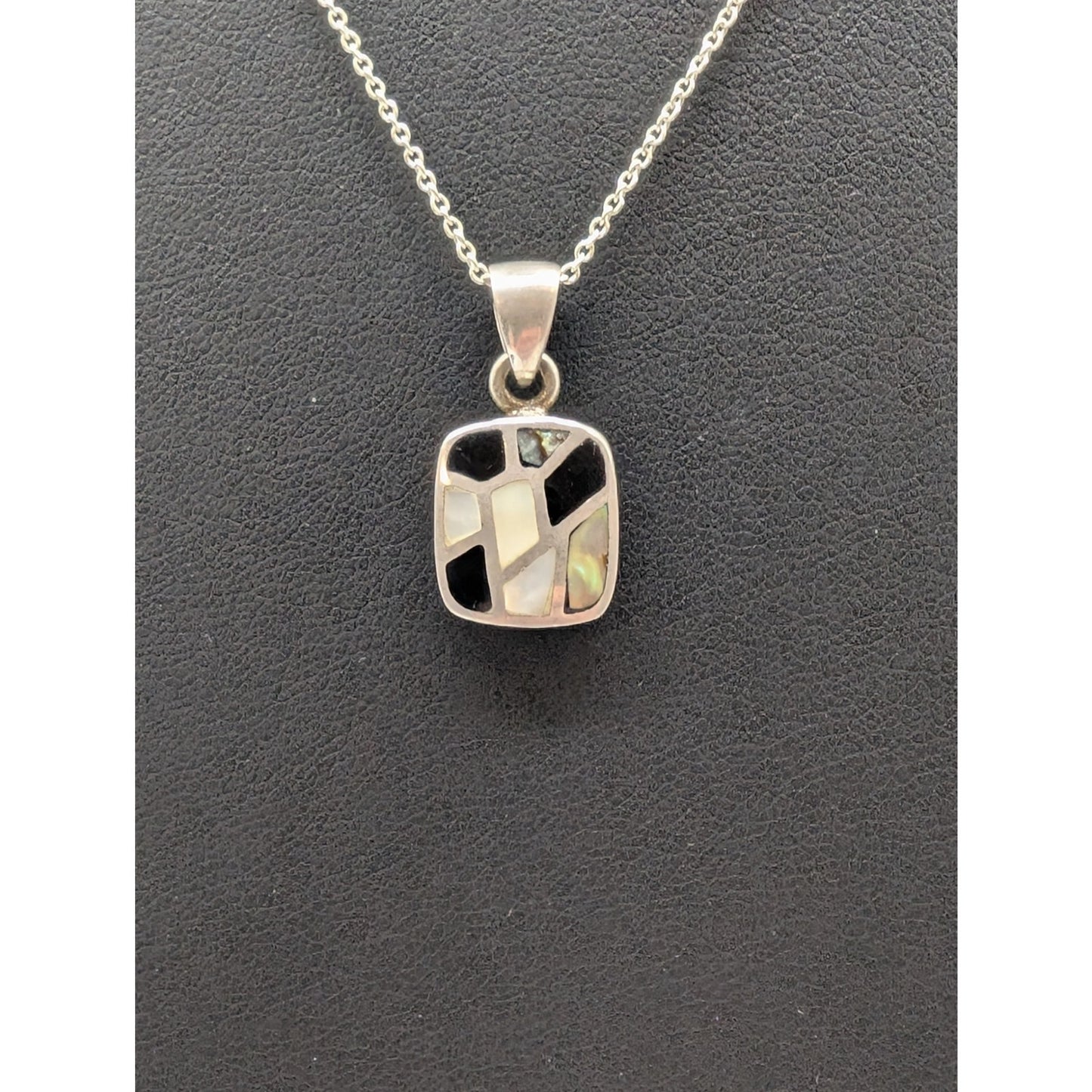 VTG 925 Sterling Silver Marsala MOP Abalone Onyx Inlay Pendant 17.5" Necklace