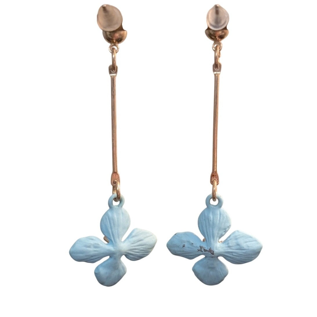 Vintage Light Blue Enamel Flower Gold Tone Dangle Earrings