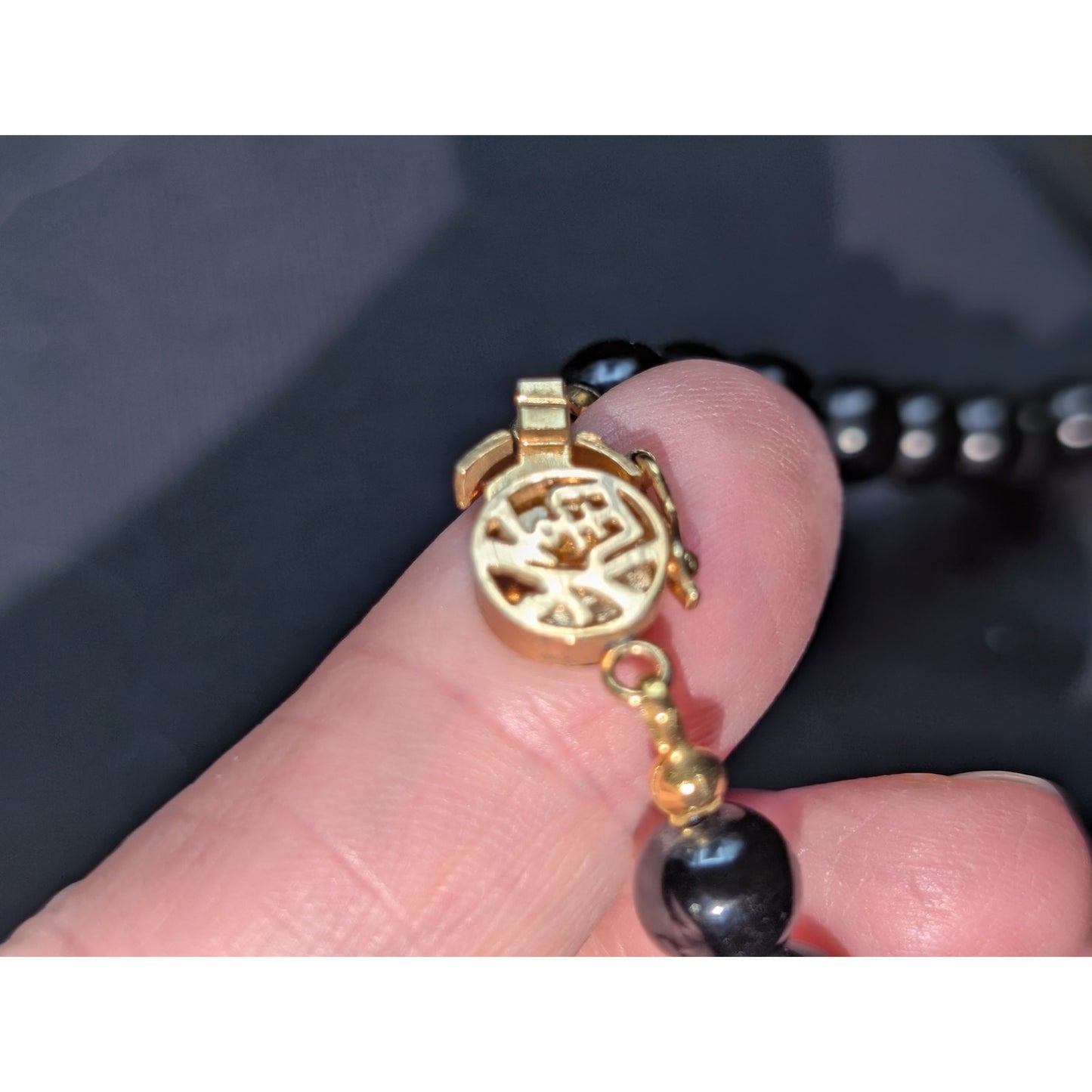 8mm Black Stone Beaded Hand Knotted Necklace 925 Vermeil Chinese Symbol Clasp