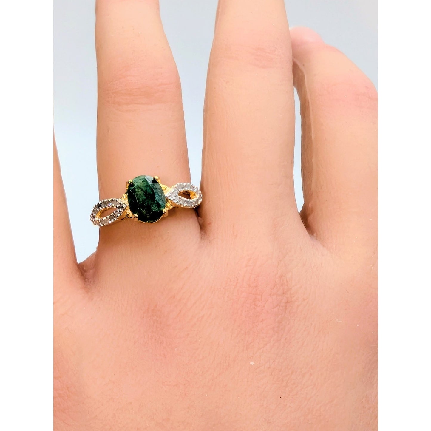 925 Vermeil (Yellow Tone) RT Green Sapphire & Diamond Ring Size 7