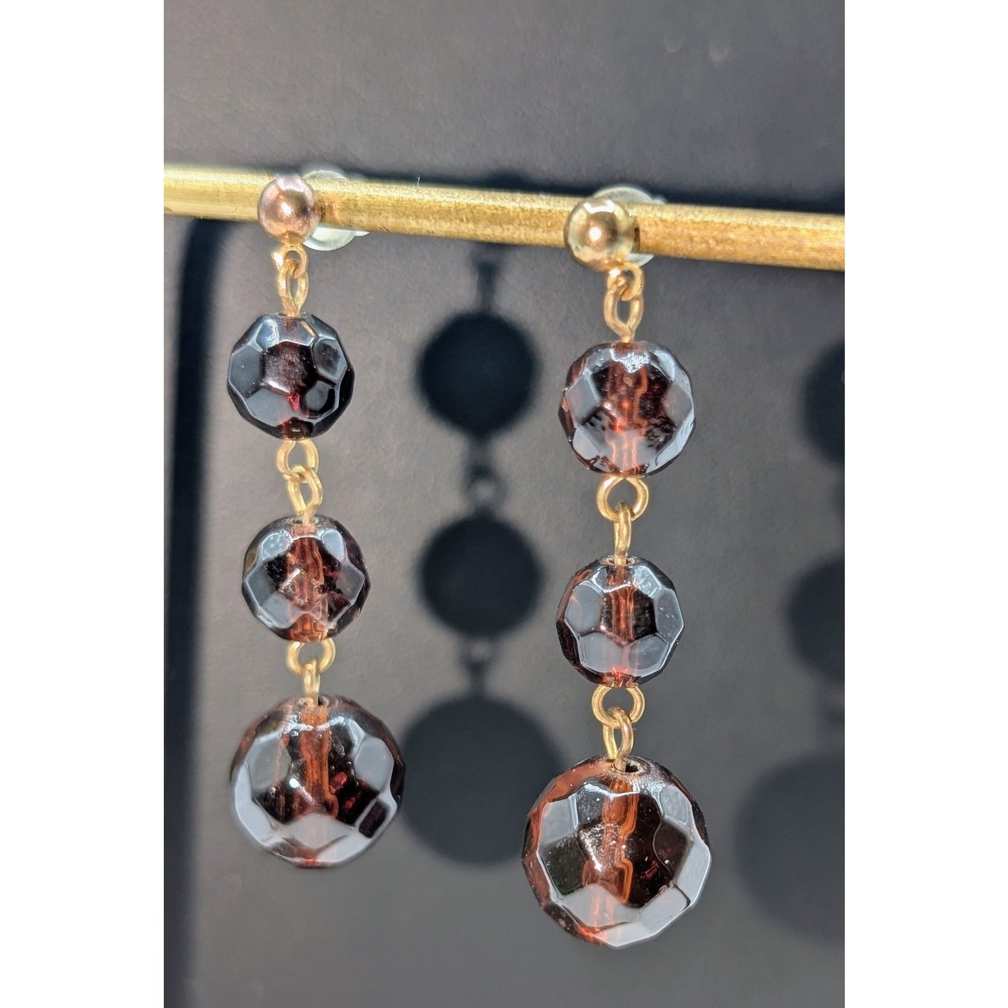 Vintage Gold Tone Faceted Three Brown Glass Bead Dangle Earrings