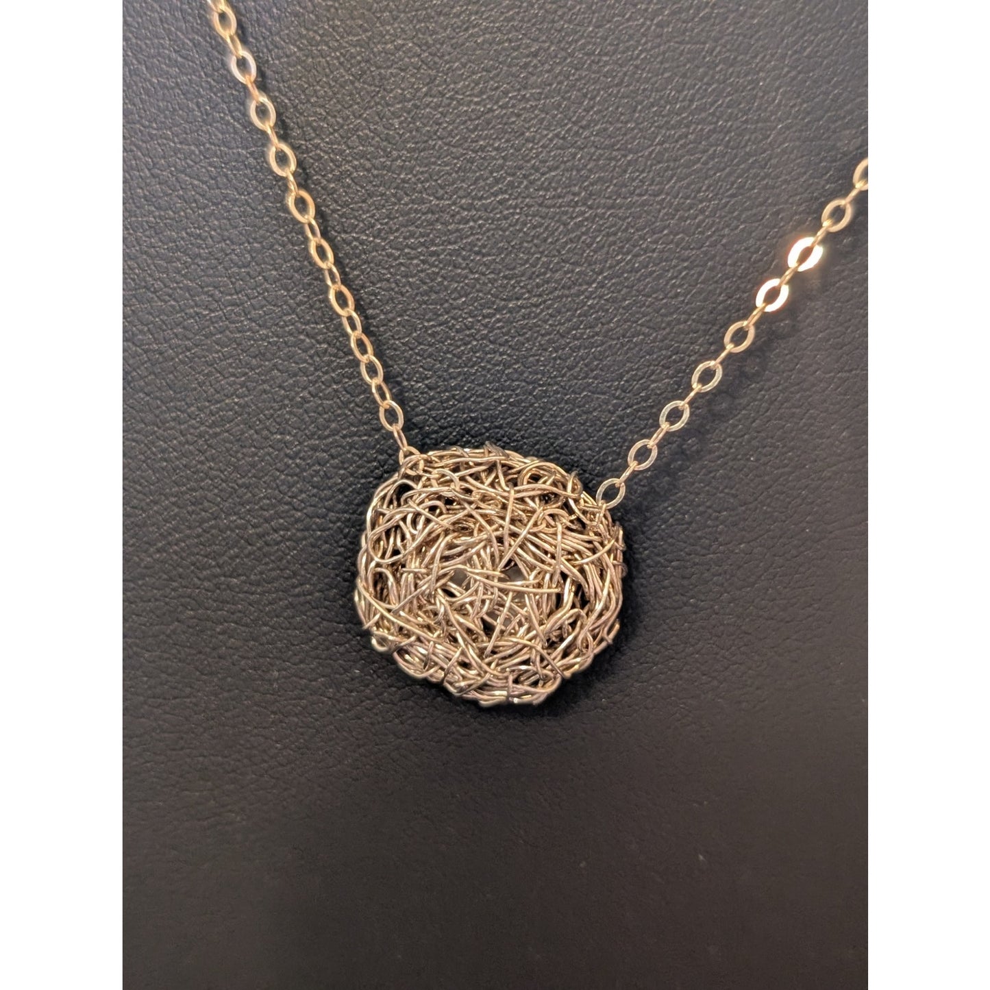 Precious Meshes 925 Sterling Hand Crocheted Wire Pearl Bird Nest Necklace