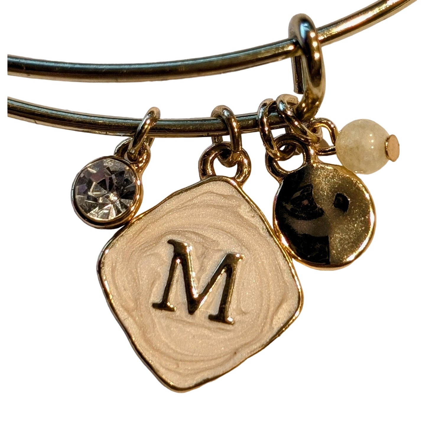 Lot of Two Gold Tone Bracelets Monet Textured Bead Stretch & 'M' Charm Bangle
