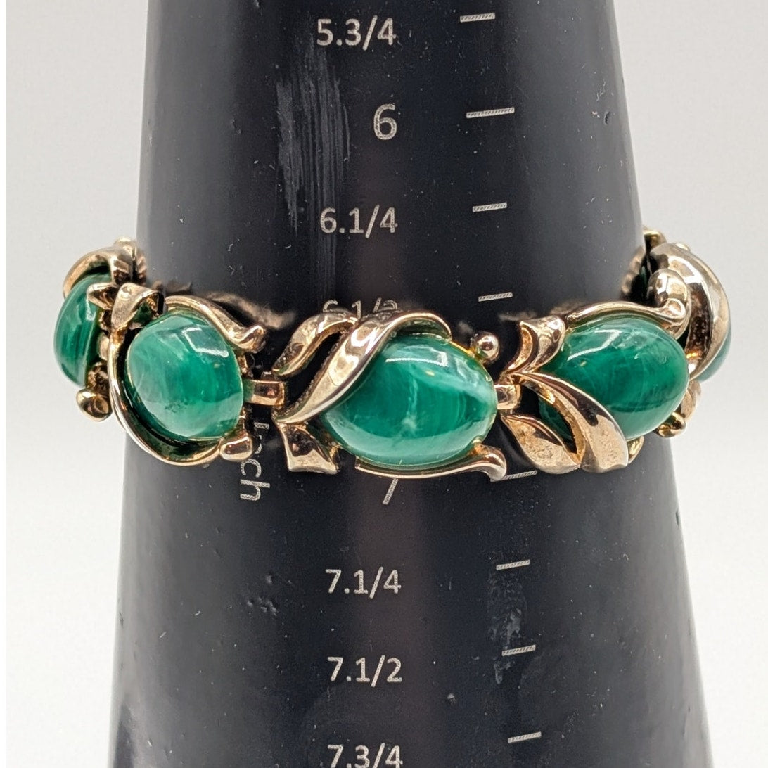 Vintage Crown Trifari Caravan Gold Tone Faux Malachite Green Bracelet