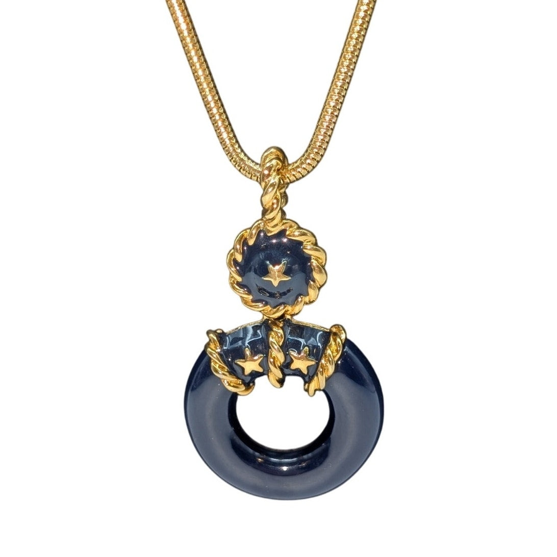 Nautical Navy Enamel Life Preserver Pendant Gold Tone Long Snake Chain Necklace