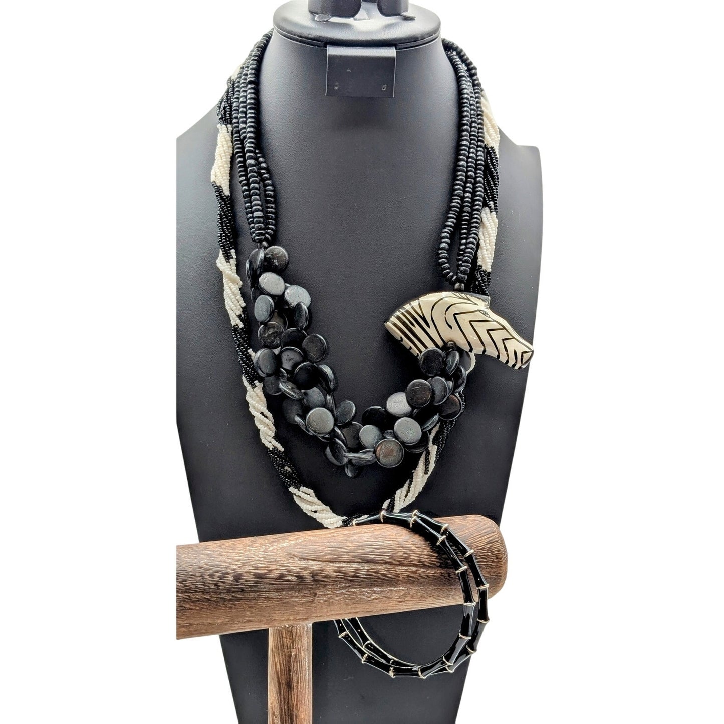 Mixed Lot 2 Black White Bead Necklaces & 2 Black Enamel Bamboo Bangle Bracelets