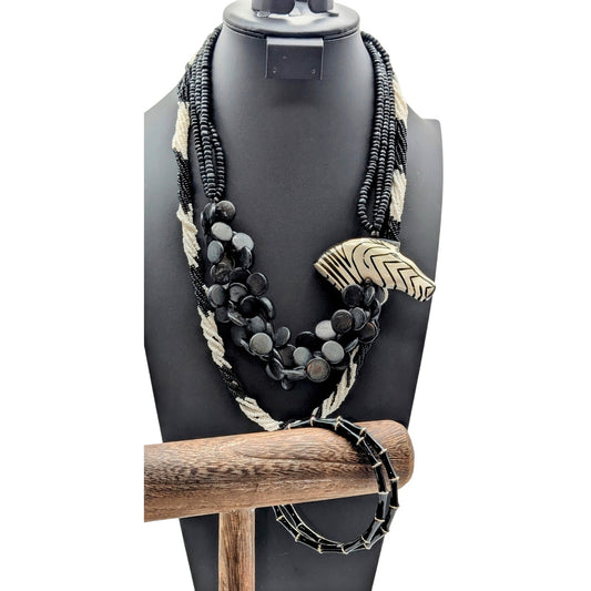 Mixed Lot 2 Black White Bead Necklaces & 2 Black Enamel Bamboo Bangle Bracelets