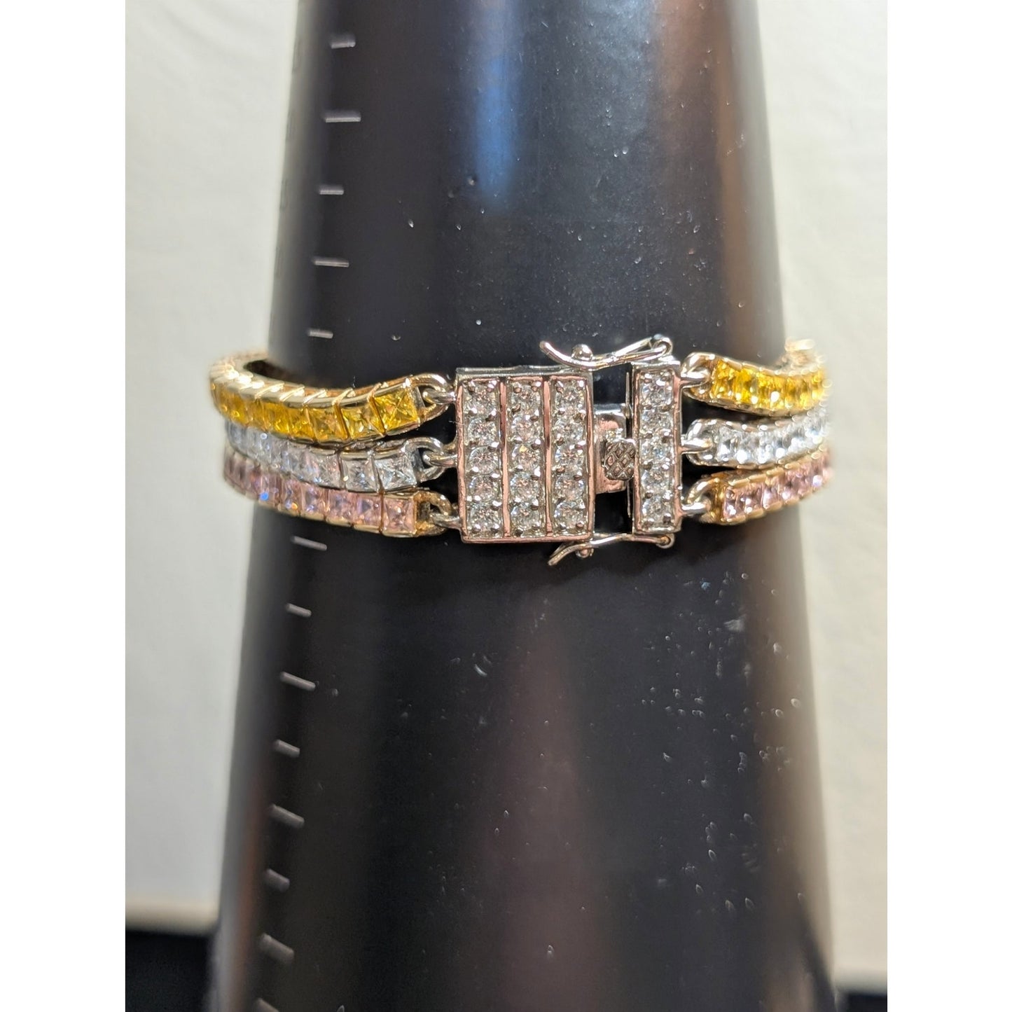 PJM 925 Sterling Pink Yellow Clear Princess Cut Three Strand Tennis Bracelet